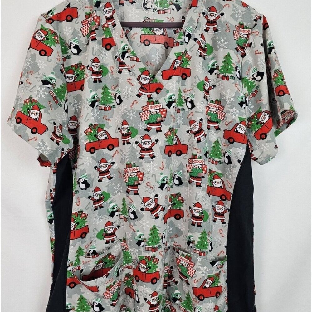 Divine Stretch by JDM Scrub Top Women's Plus Size 2X Christmas Santa Red Truck